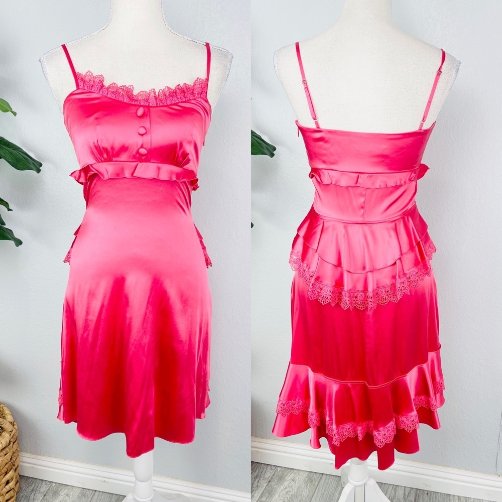 Betsey Johnson Vintage Silk Blend Oink Ruffle Lace Trim Mini Dress